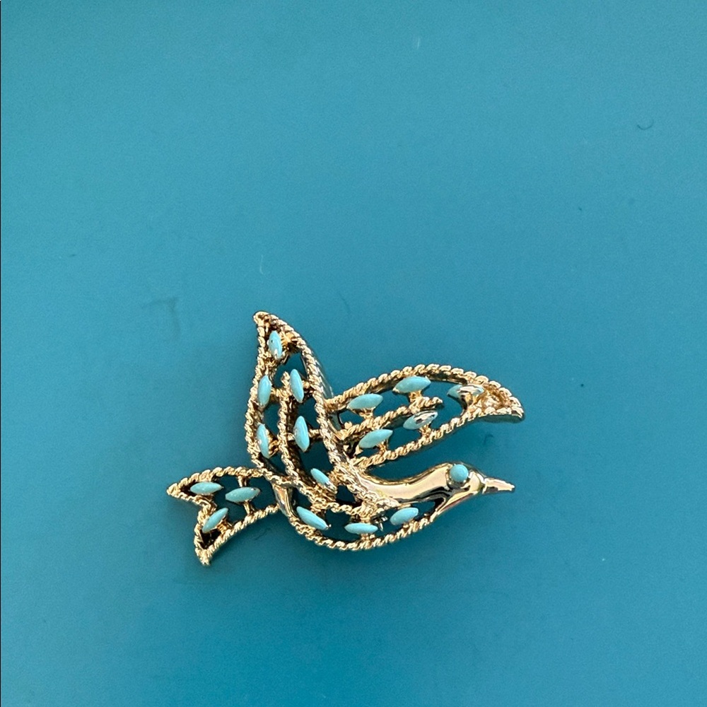 Elegant Gold and Turquoise Bird Brooch